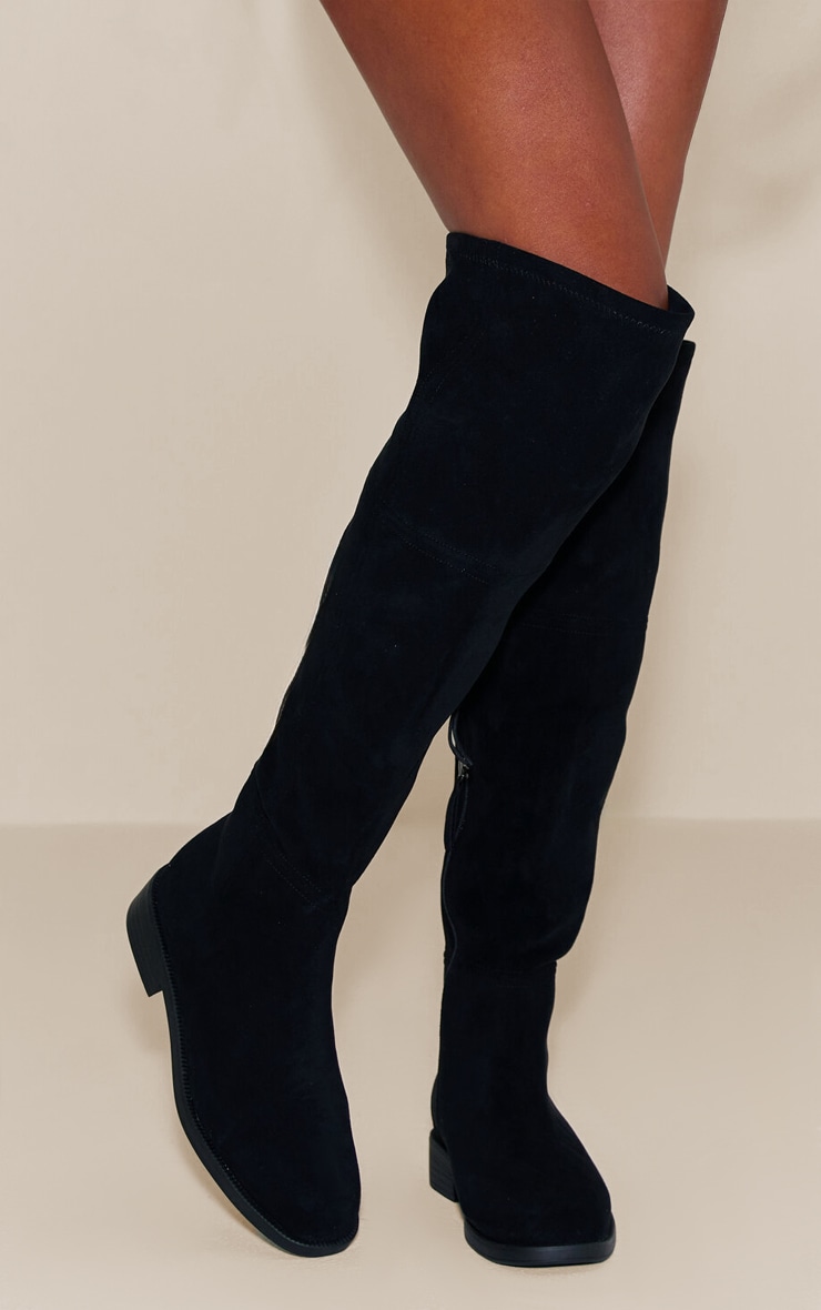 Wide Fit Black Faux Suede Round Toe Riding Knee High Boot image 2