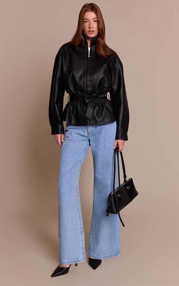 Black Drop Waist Belted Faux Leather Jacket image 3