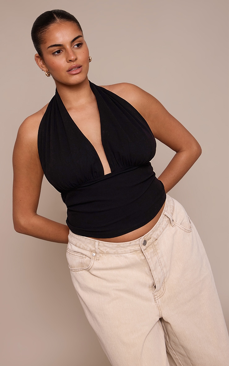 Plus Black Sculpt Ruched Halterneck Top image 4