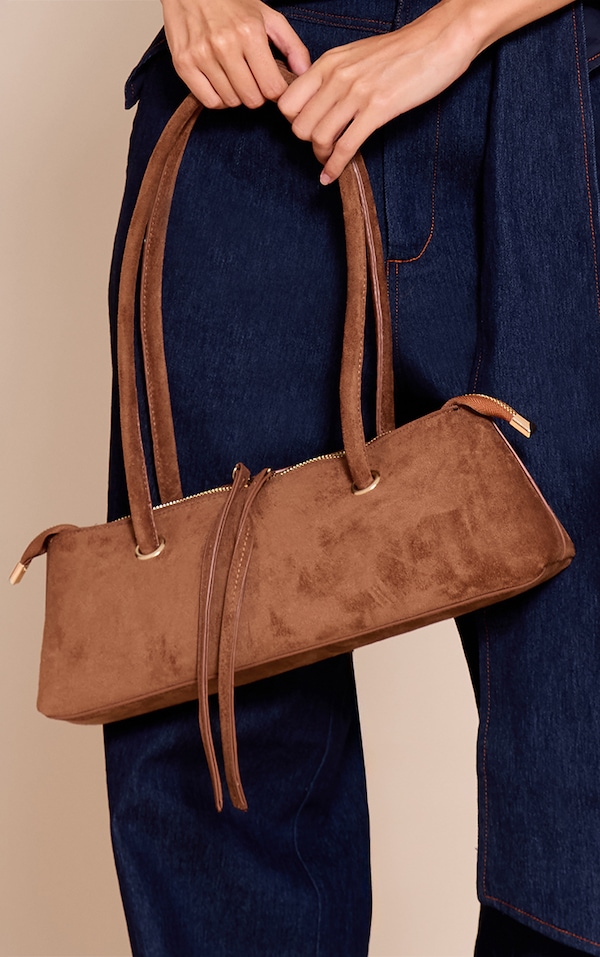 Tan Faux Suede Elongated Handle Shoulder Bag