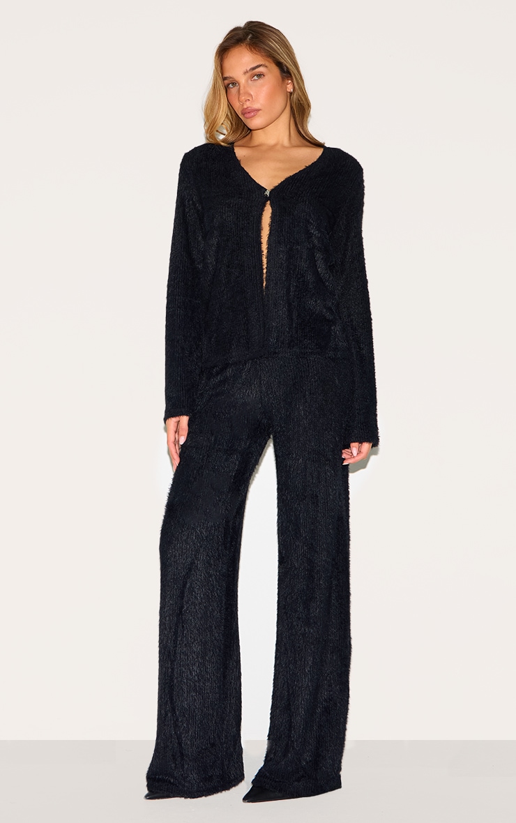 Black Textured Wide Leg Low Rise Pants image 1