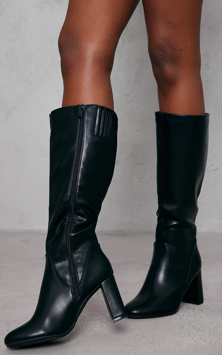 Black Pu Round Toe Mid Flat Heeled Knee High Boots image 1