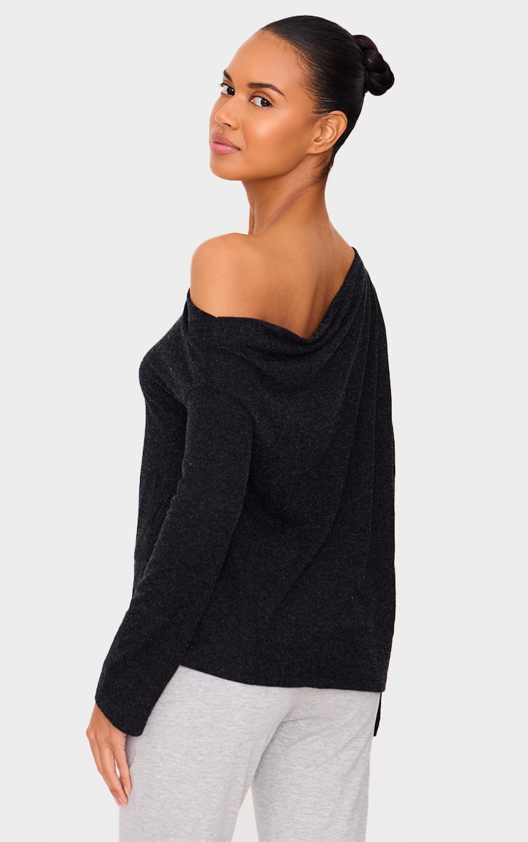 Black Slouchy Asymmetric Shoulder Long Sleeve Top image 2