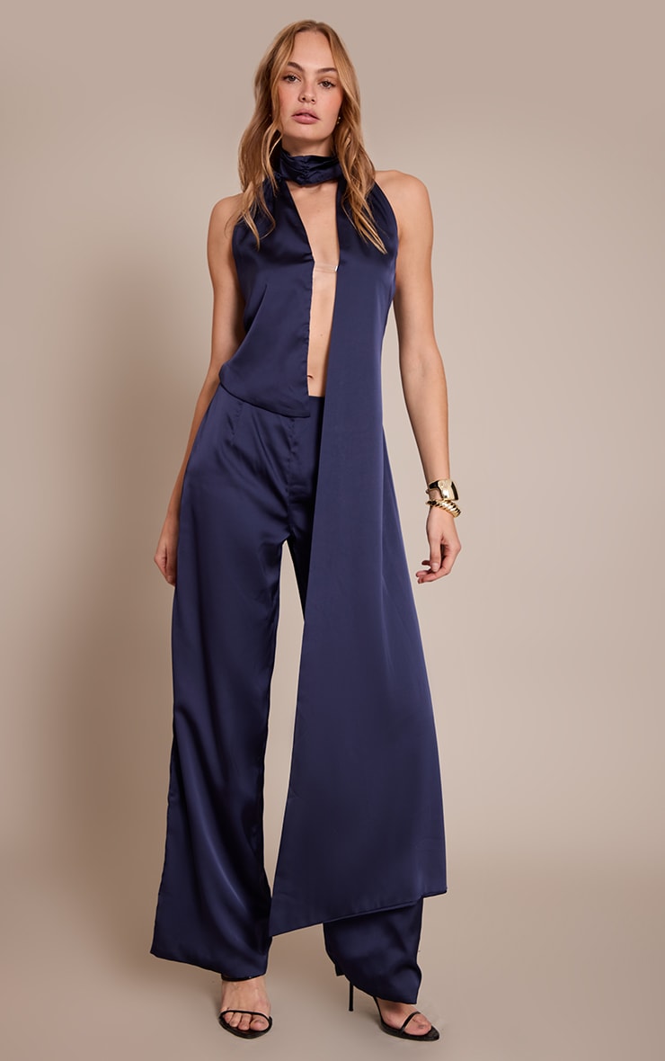 Navy Satin Drape Wide Leg Jumpsuit