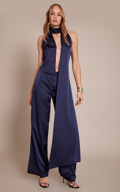 Navy Satin Drape Wide Leg Jumpsuit