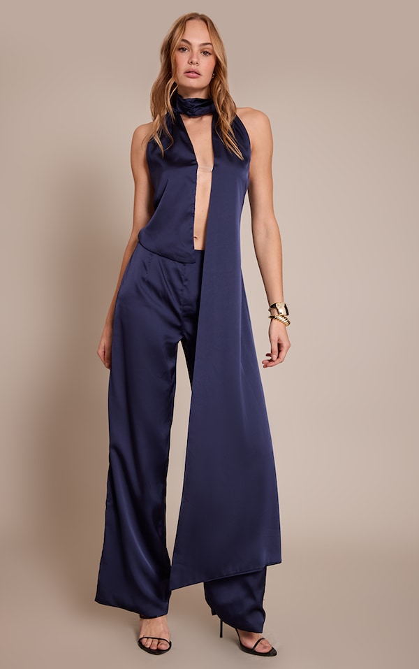 Navy Satin Drape Wide Leg Jumpsuit
