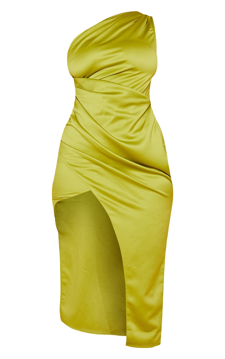 Olive Satin One Shoulder Pleat Detail Midi Dress image 6