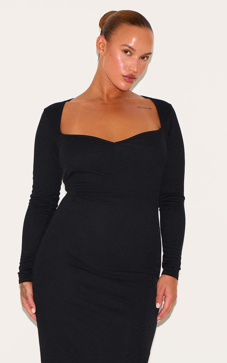 Plus Black Sweetheart Neck Long Sleeve Midi Dress image 4