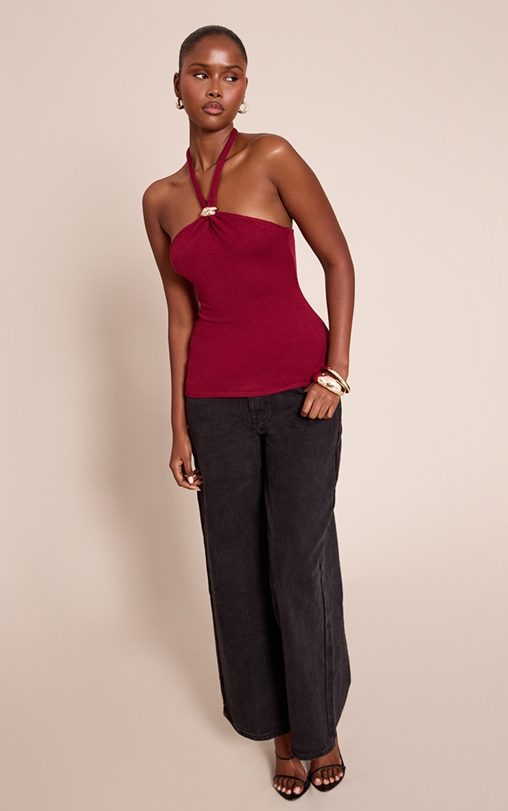 Burgundy Halter Neck Trim Detail Top image 3