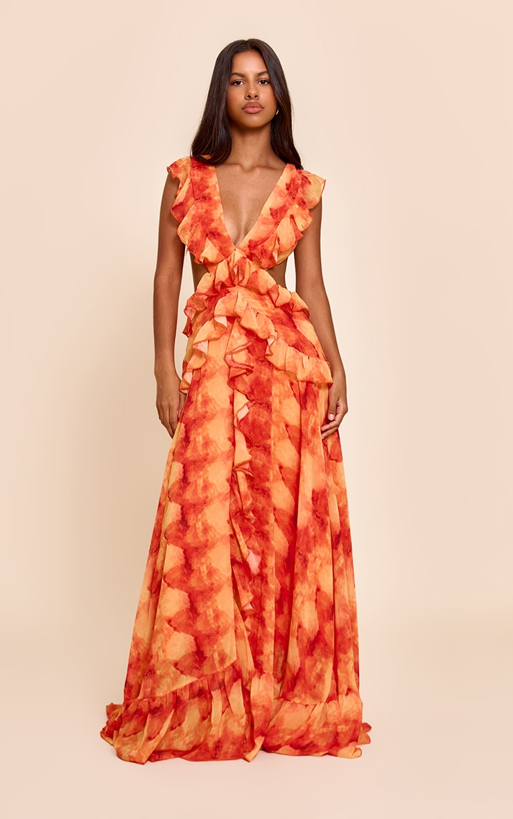 Petite Orange Printed Frill Maxi Dress image 1