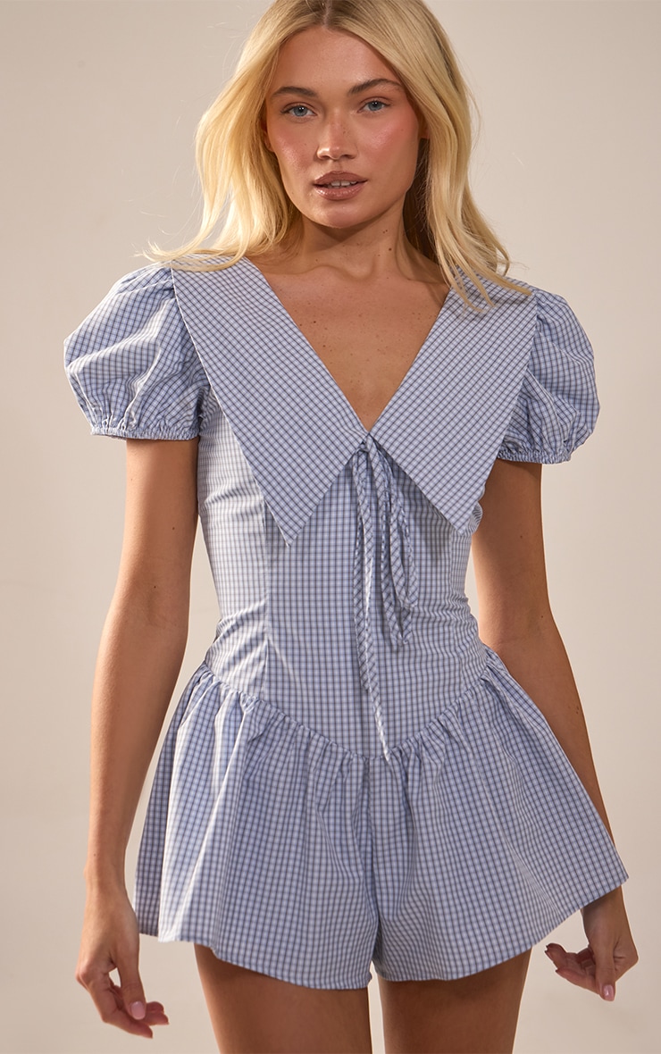 Blue Check Woven Collar Detail Skort Playsuit