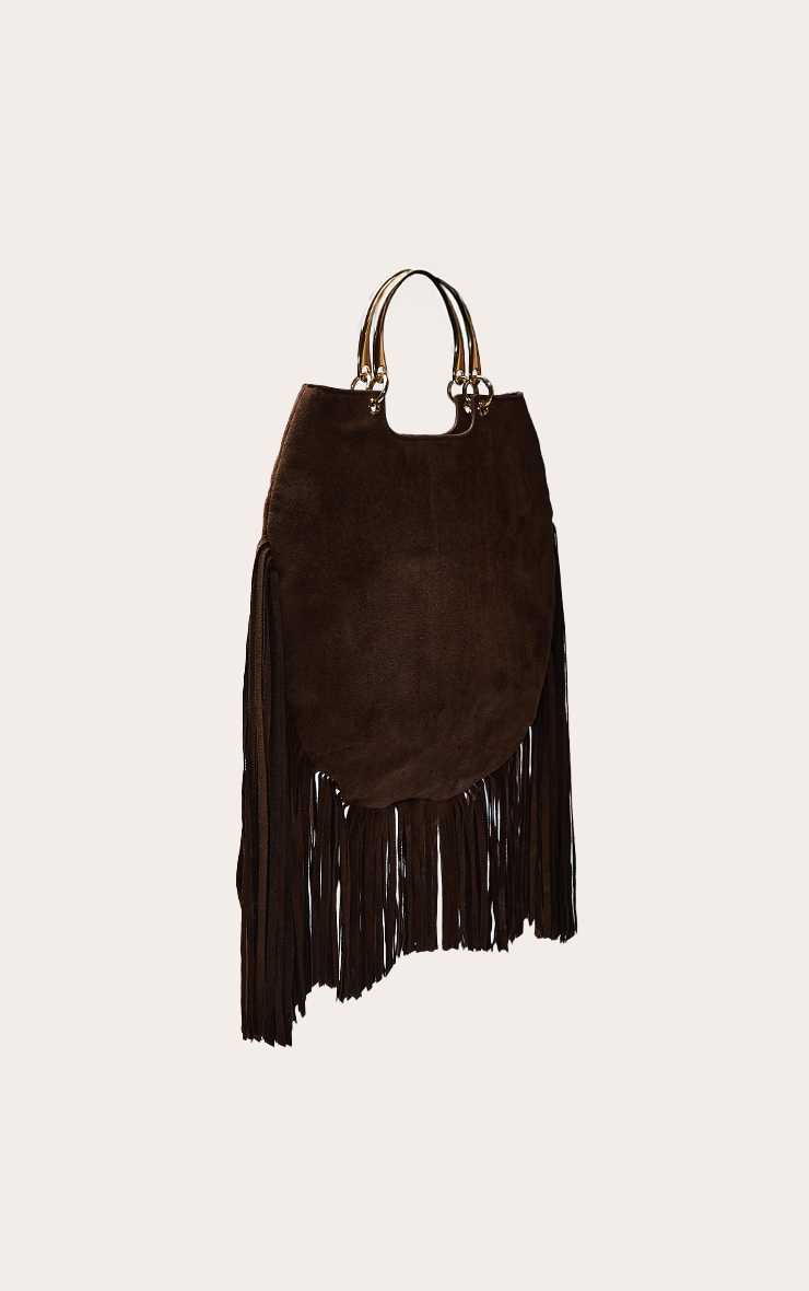 Chocolate Fringe Metal Handle Slouchy Tote Bag image 3