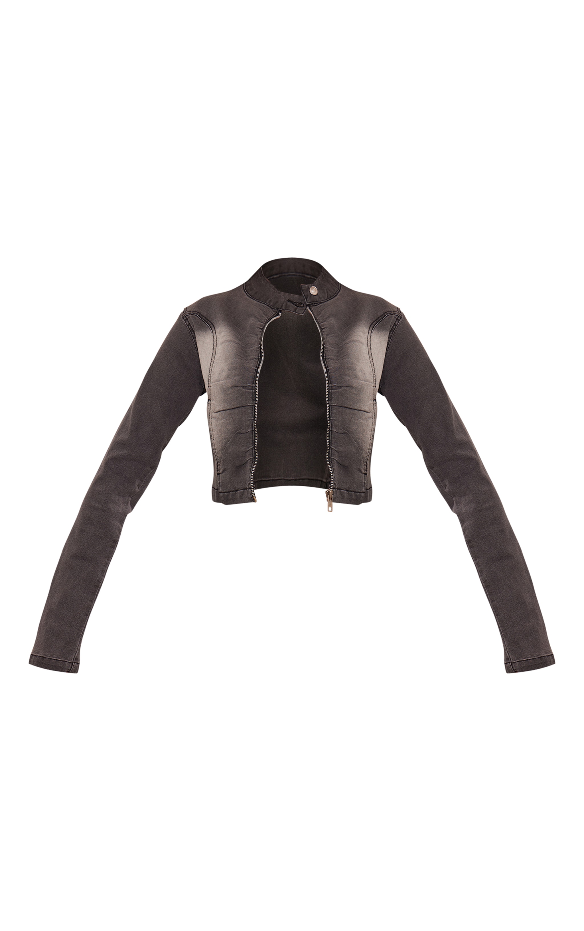 Washed Grey Bleach Detail Fitted Crop Denim Jacket image 5