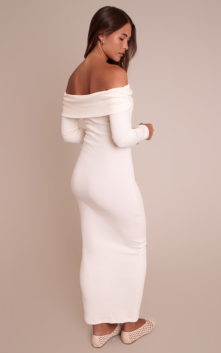 Cream Ribbed Fold Over Bardot Long Sleeve Maxi Dress image 2