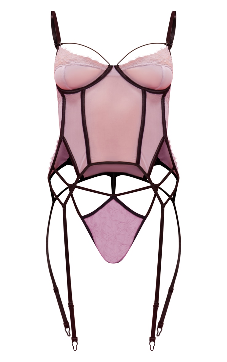 Grey Mesh Boning Detail Corset Set image 5