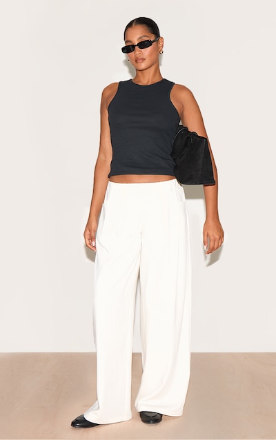 Cream Stretch Waistband Detail Tailored Pants