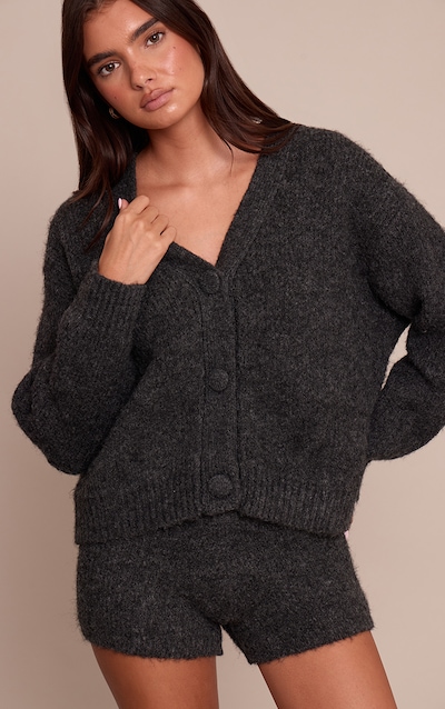 Grey Brushed Button Through Long Sleeve Cardigan