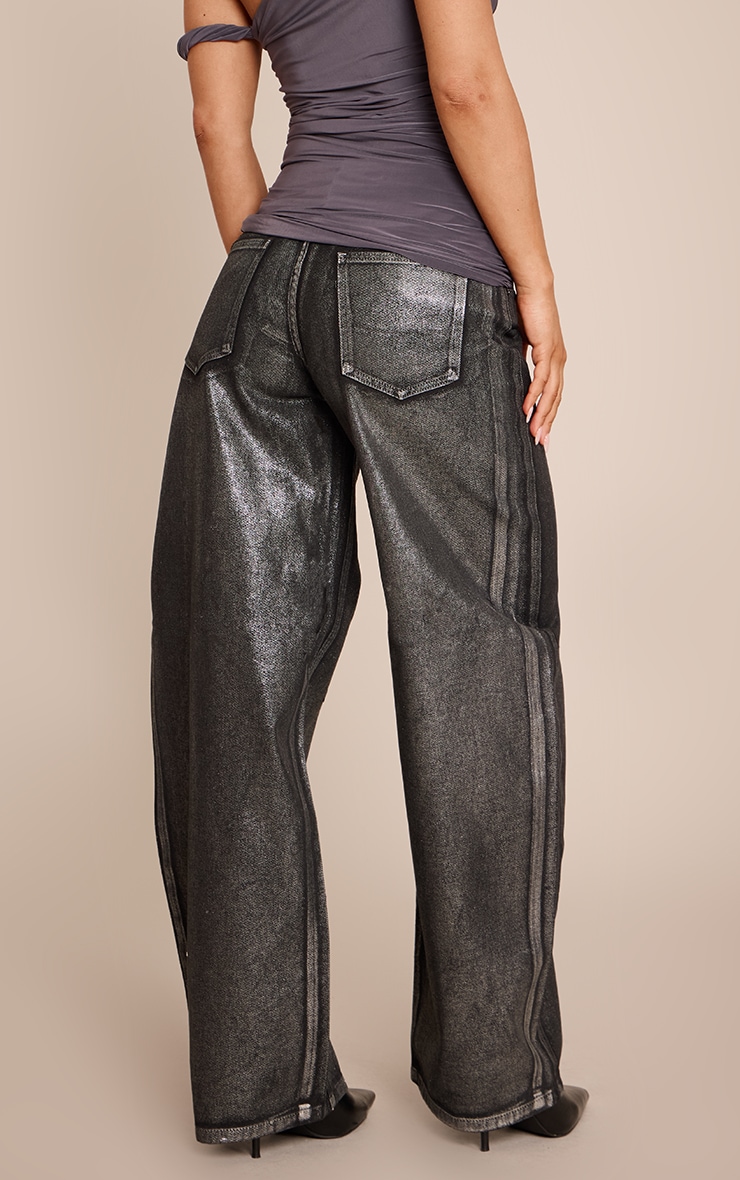 Black Metallic Coated Mid Rise Barrel Jeans image 3