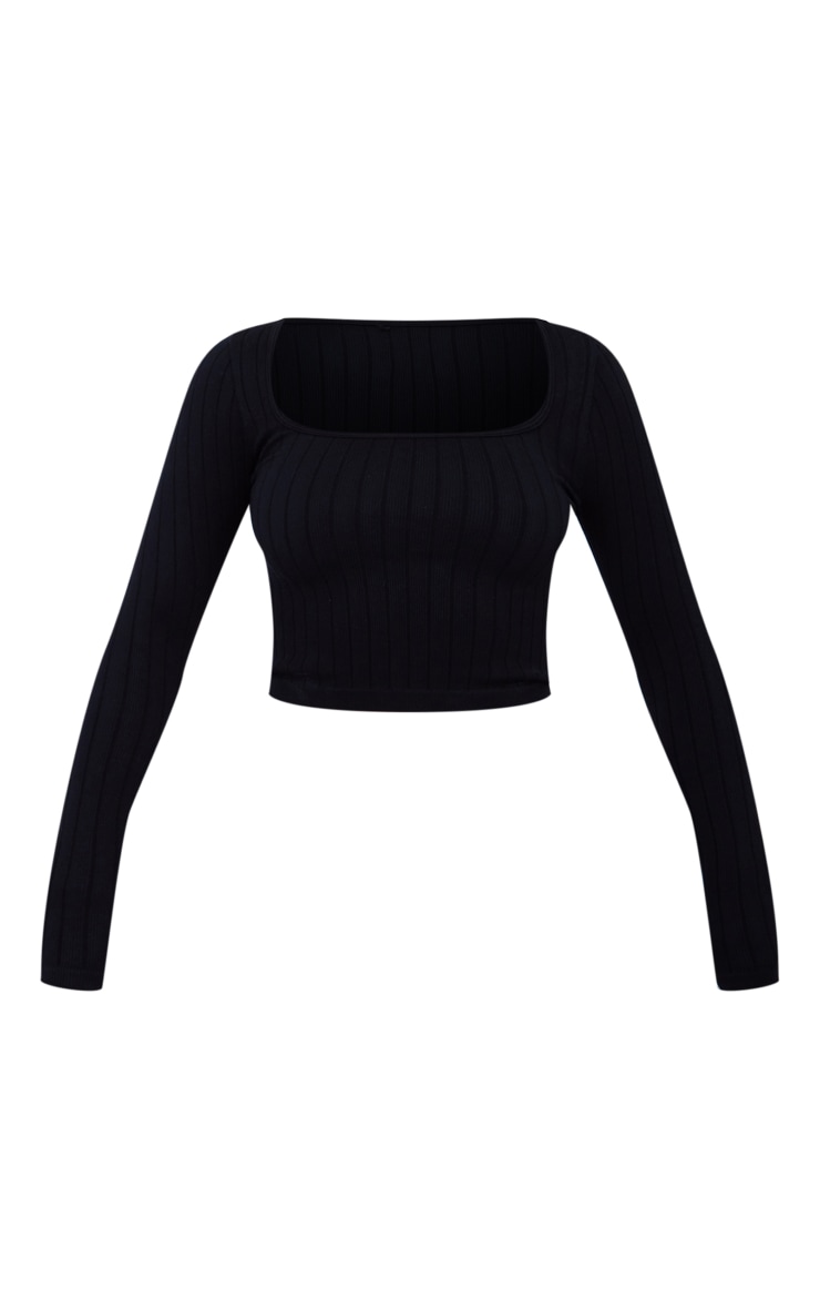 Black Wide Snatched Rib Square Necked Long Sleeve Crop Top image 2