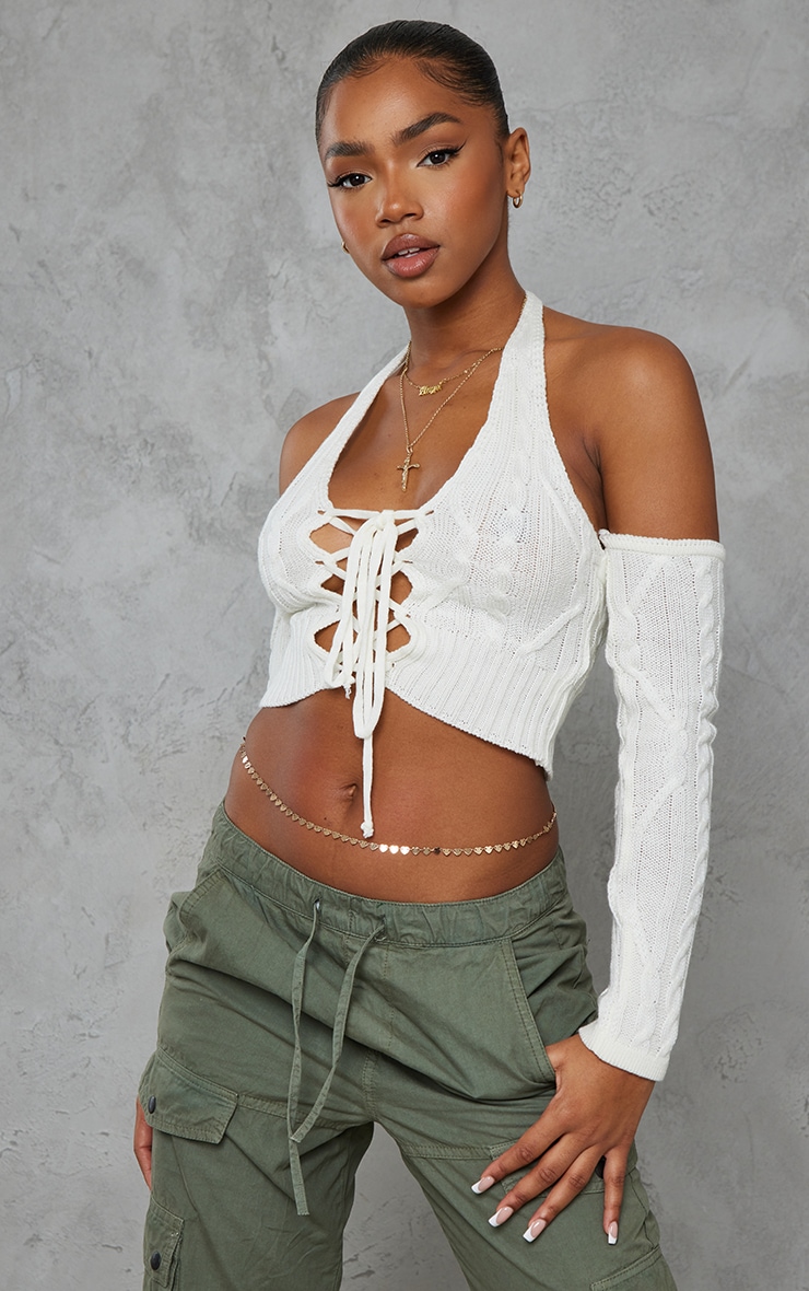 Cream Cable Knit Lace Up Crop Top & Sleeves image 1