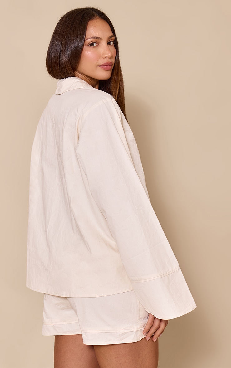Tall Cream Cotton Woven Boxy Long Sleeve Collar Top image 2