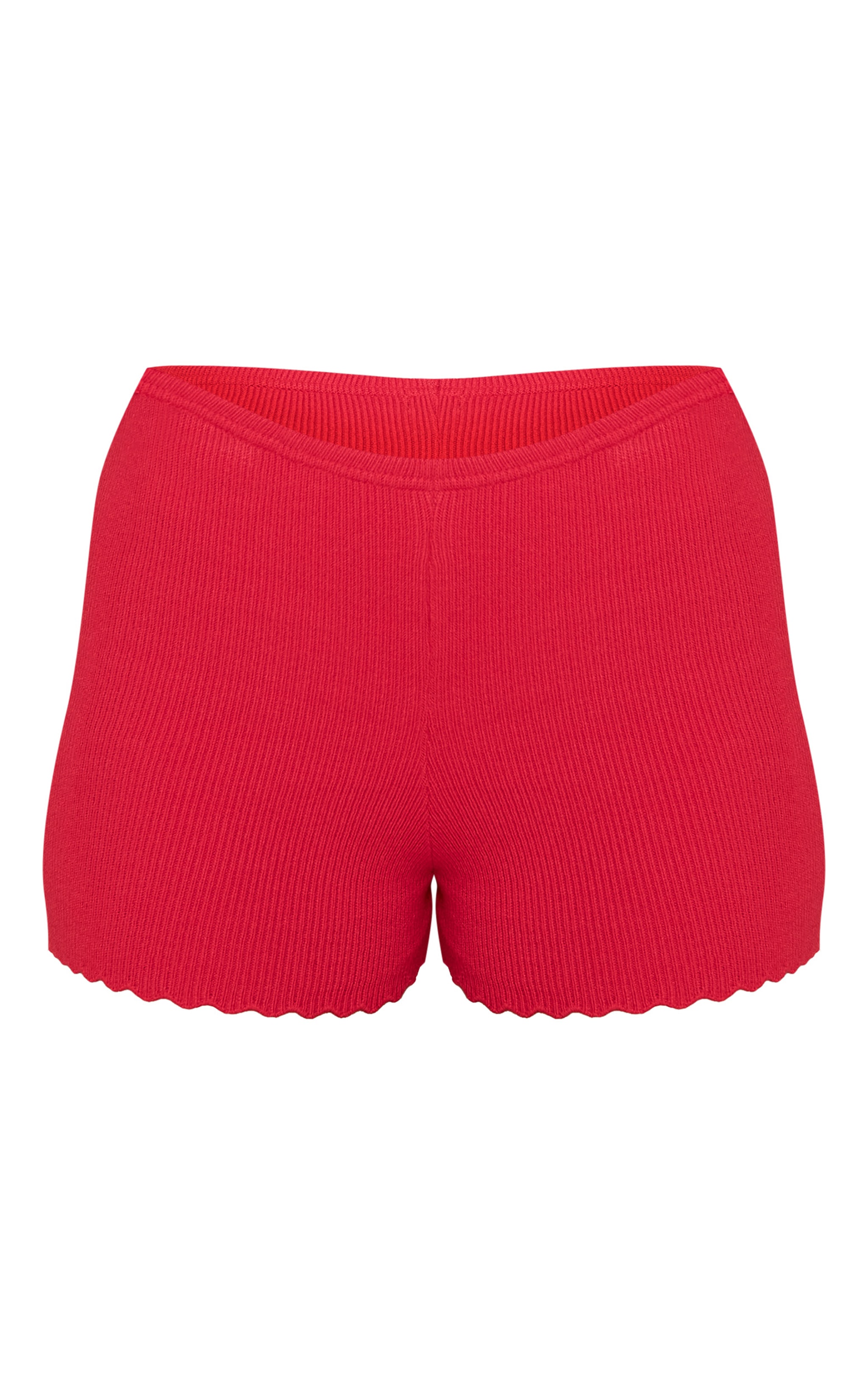 Red Knitted Scallop Edge High Waisted Shorts image 6