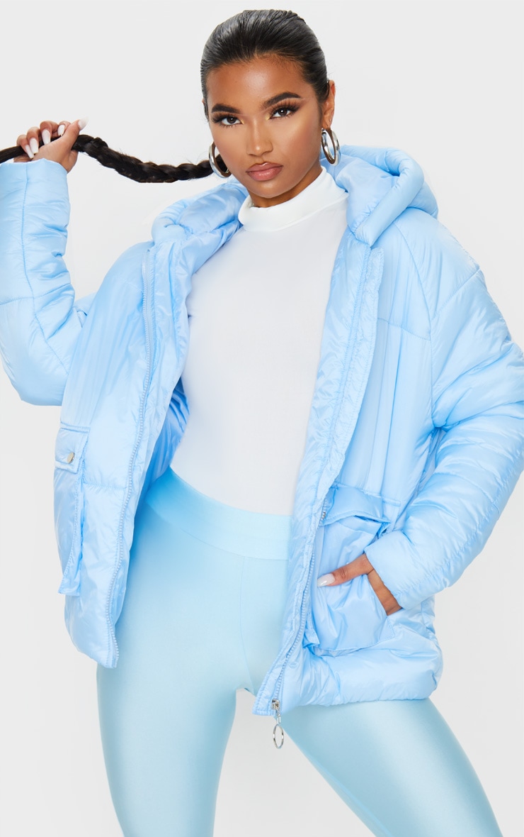 Light Blue Pocket Front Hooded Puffer