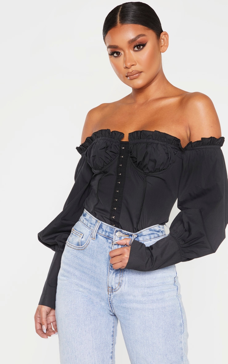 Black Woven Frill Bardot Hook And Eye Shirt