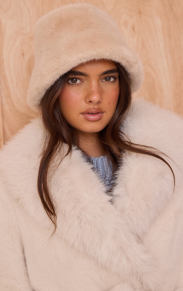 Beige Faux Fur Bucket Hats