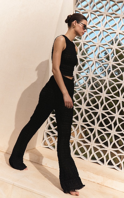 Black Shirred Chiffon Straight Leg Pants