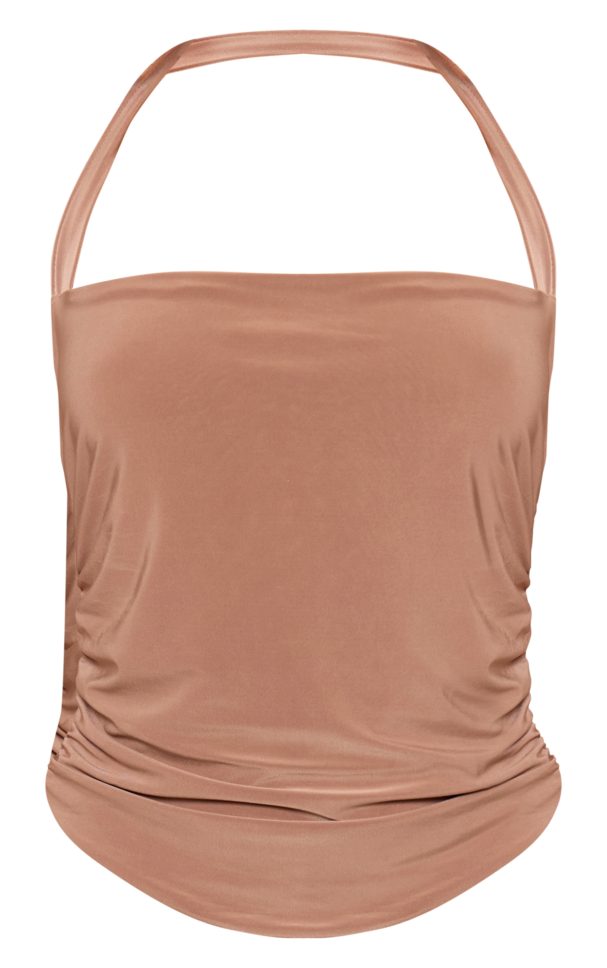 Petite Mocha Halterneck Slinky Ruched Crop Top image 5