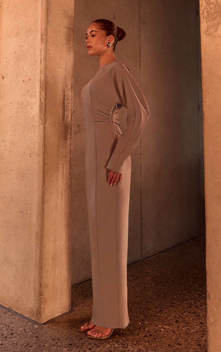 PLT Label Taupe Asymmetric Batwing Sleeved Cinched Waist Maxi Dress image 3