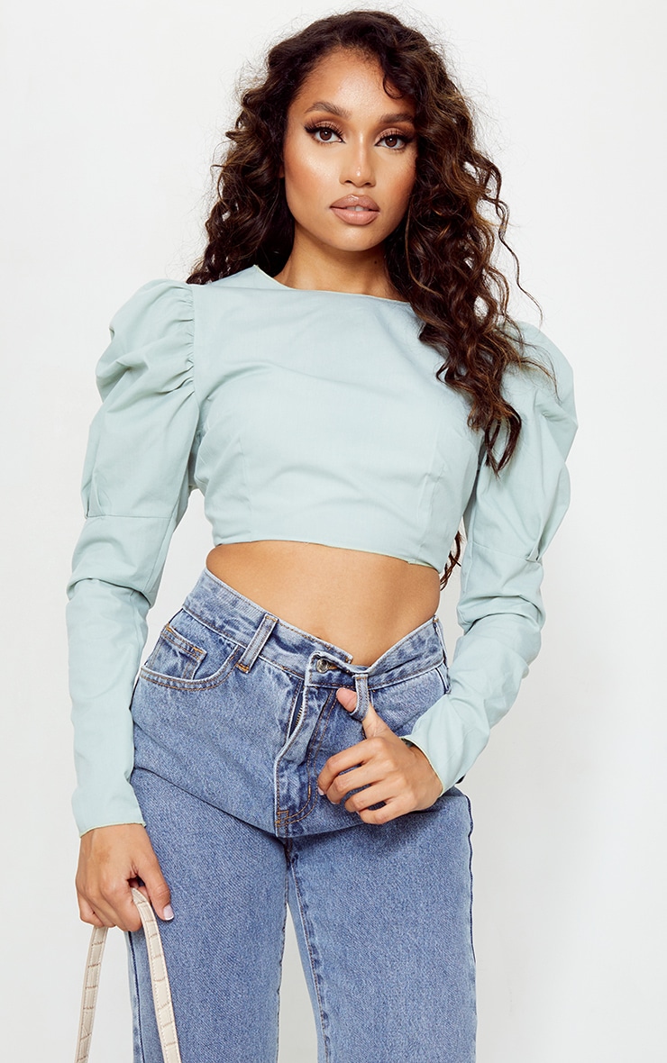 Petite Sage Green Puff Shoulder Tie Back Blouse