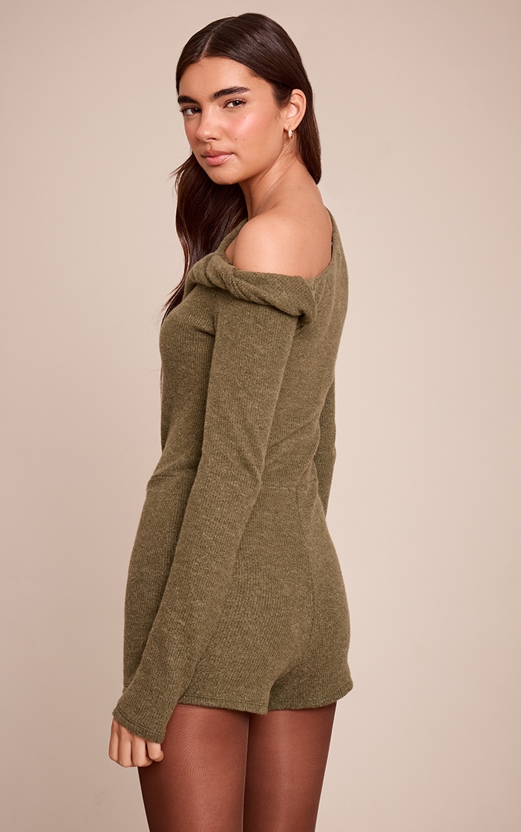 Combishort moulant côtelé vert olive à partie torsadée sur l'épaule image 2