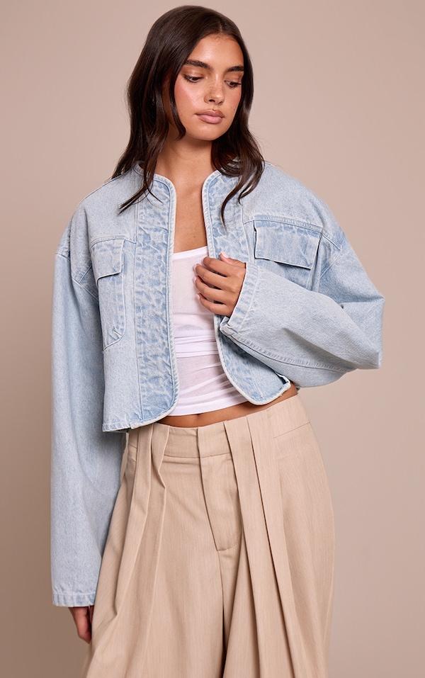Light Blue Curved Hem Cropped Denim Jacket
