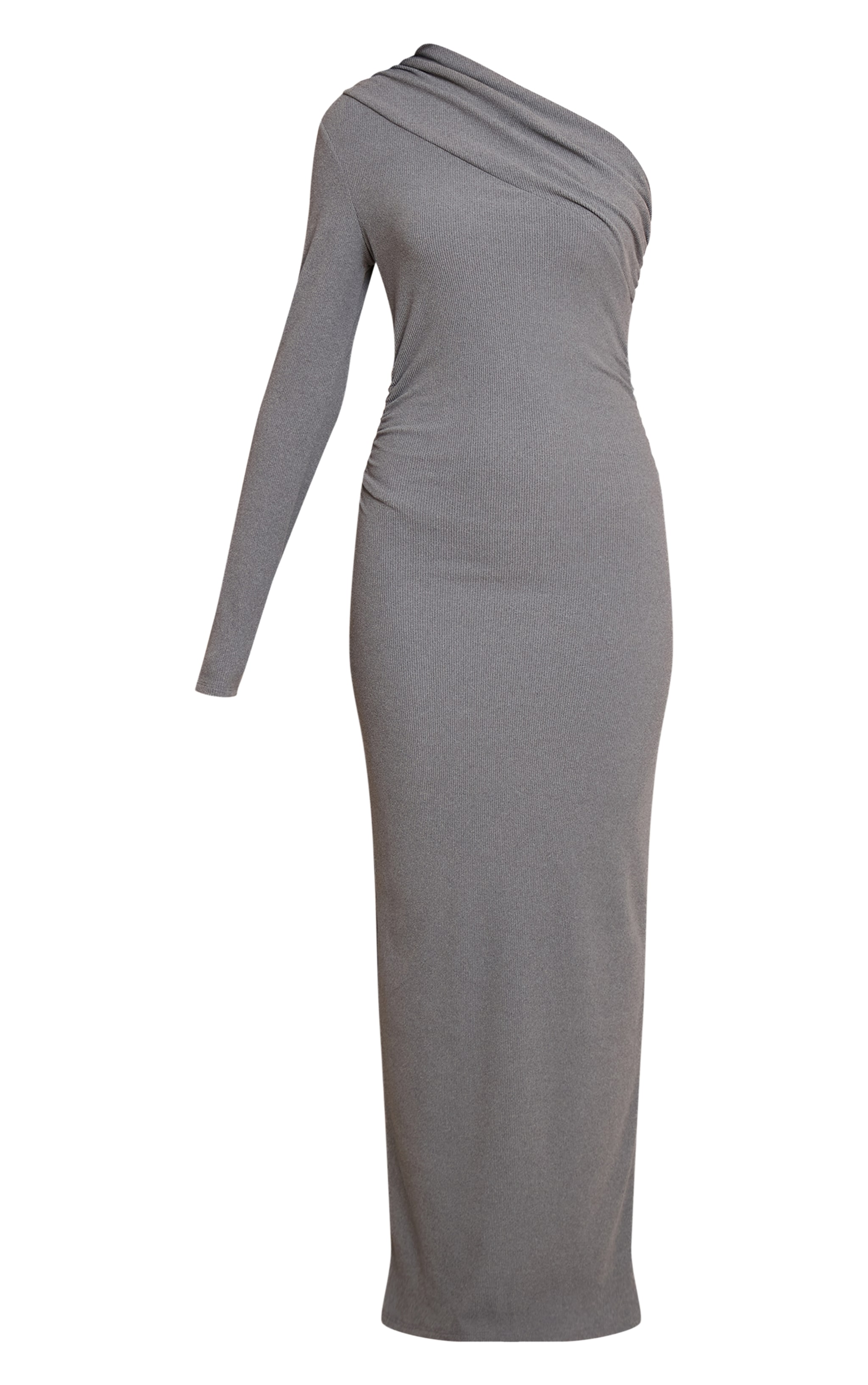 Robe longue asymétrique brossée côtelée gris anthracite à épaule unique image 5
