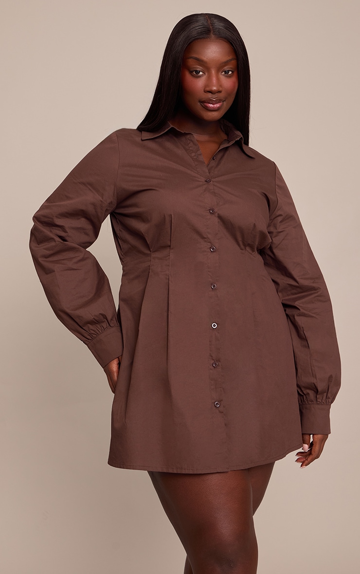 Plus Chocolate Cotton Poplin Cinched Waist Shirt Dress image 1