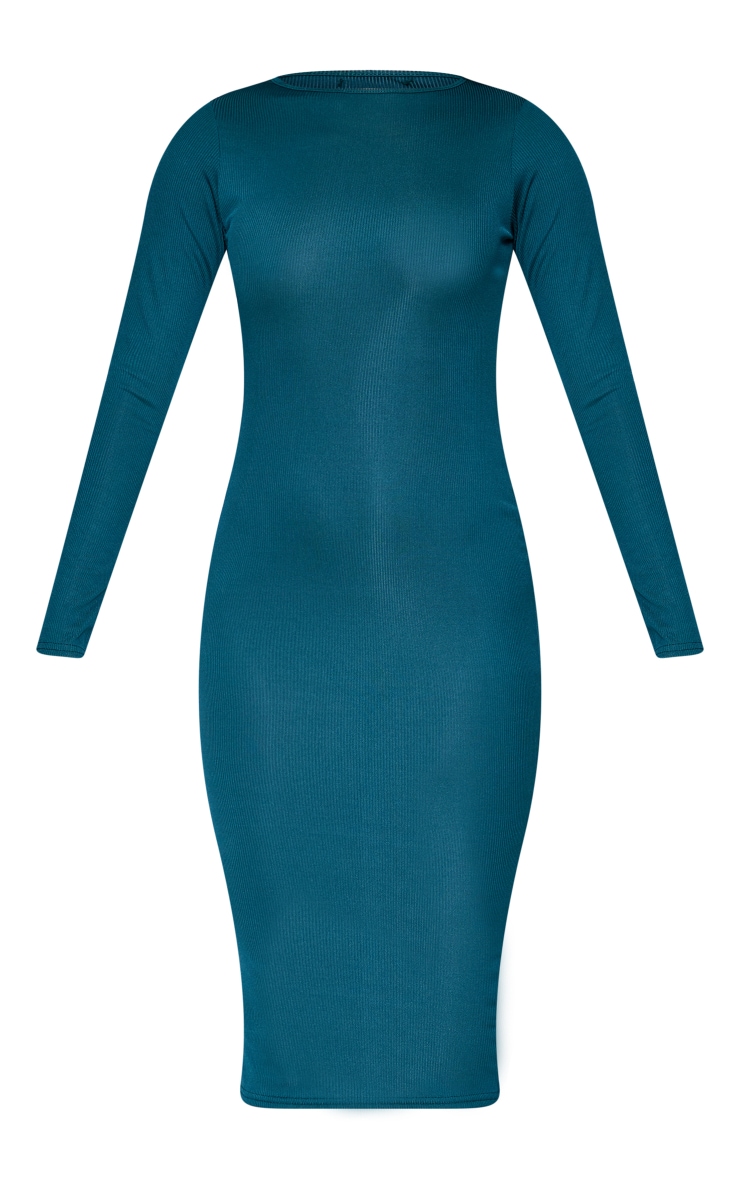 Basic Teal Green Ribbed Long Sleeve Midi Dress image 1