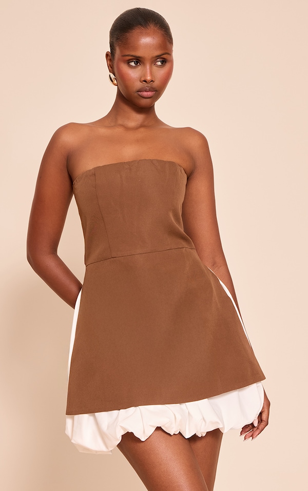 Chocolate Tailored Bandeau Puffball Hem Shift Dress