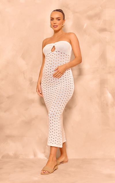 Maternité Robe de grossesse bustier mi-longue blanche en maille ajourée