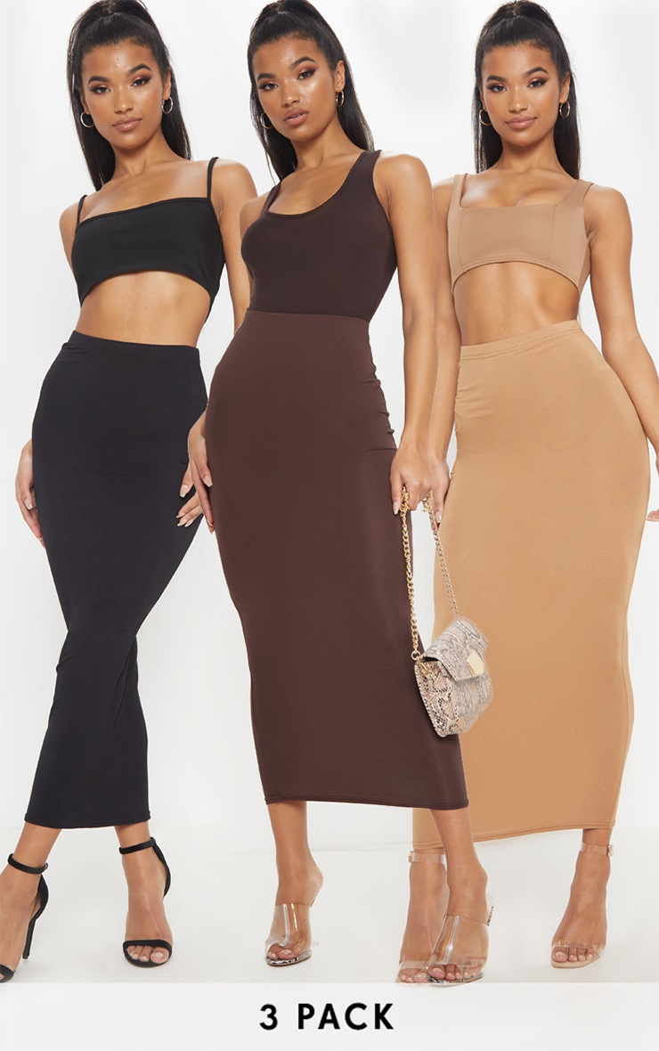 Chocolate, Black, Camel Basic Jersey Midaxi Skirt 3 Pack