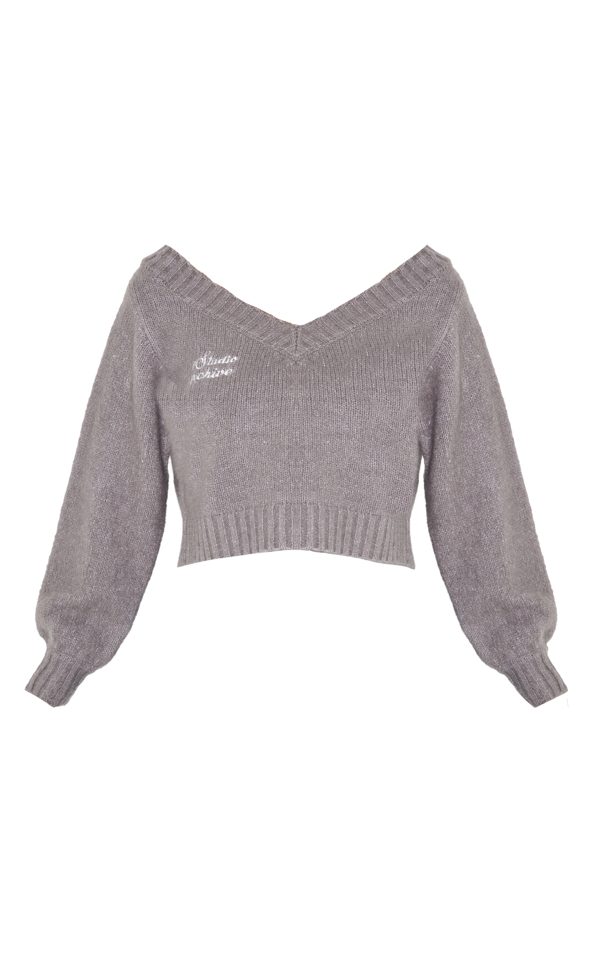 Grey Soft Knit Embroidered Slouchy Cropped Jumper image 5