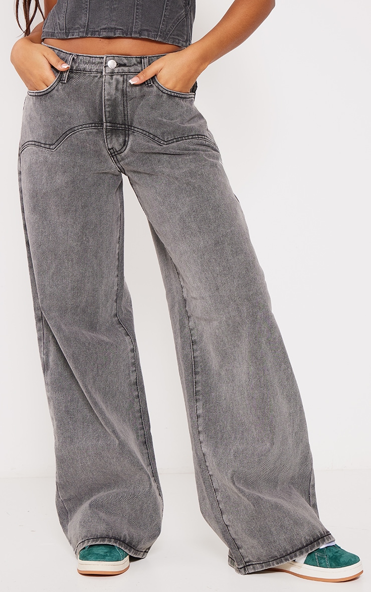 Washed Grey Western Detail Wide Leg Jeans | Denim