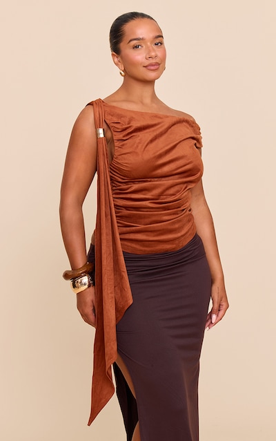 Shape Rust Faux Suede Off Shoulder Gold Trim Drape Top