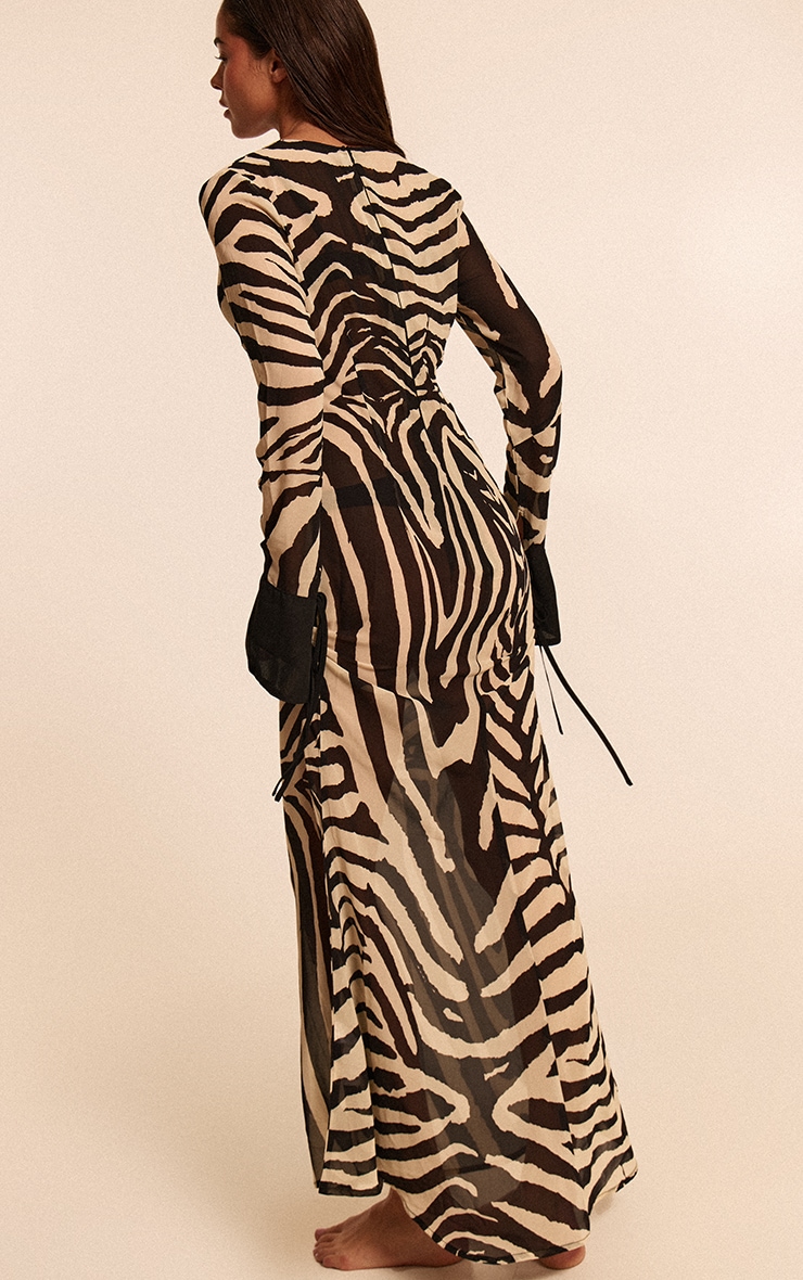 Zebra Print Chiffon Long Sleeve Maxi Beach Dress image 3