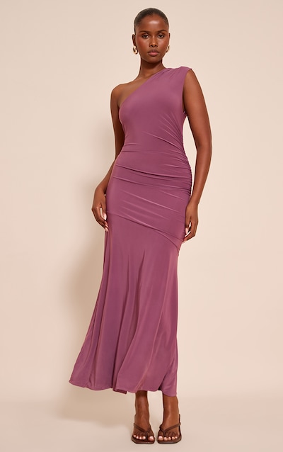 Mauve Double Layer Slinky One Shoulder Ruched Drop Hem Maxi Dress