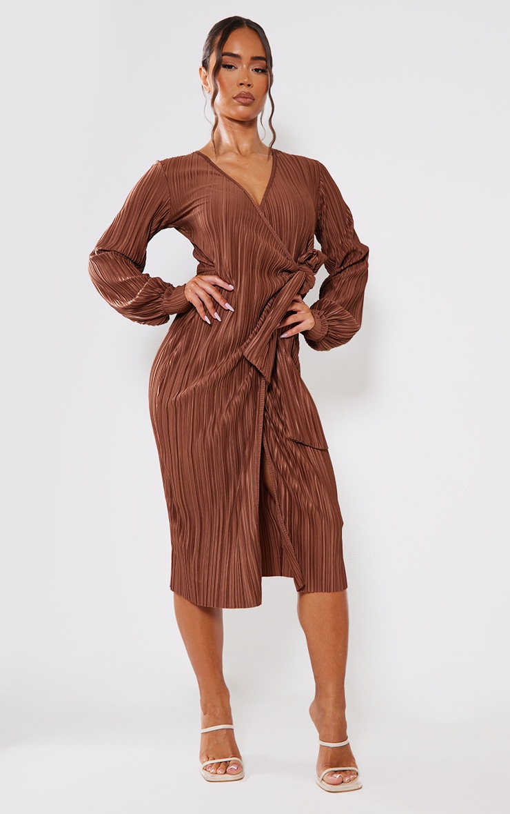 Chocolate Plisse Long Sleeve Wrap Midi Dress image 1