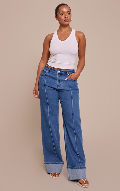 Shape Dark Blue Highwaisted Stretch Denim Pintuck Turn Up Hem Wide Leg Jeans