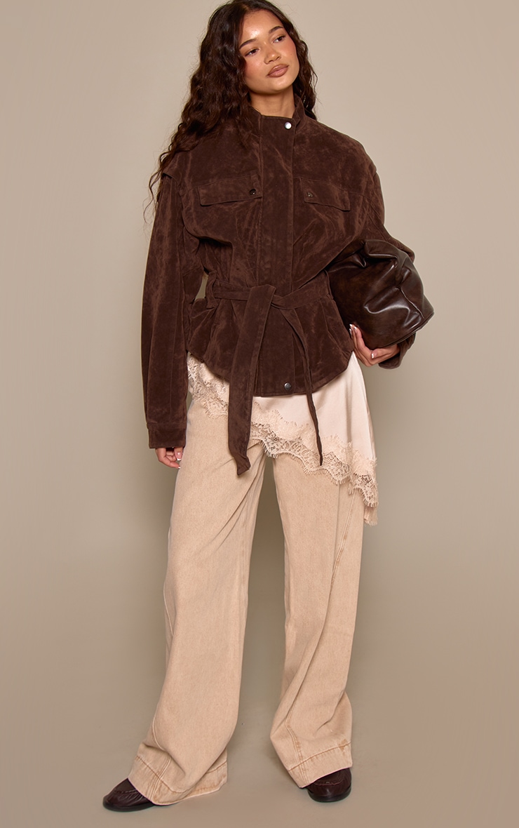 Chocolate Faux Suede Belted Drop Waist Jacket image 3