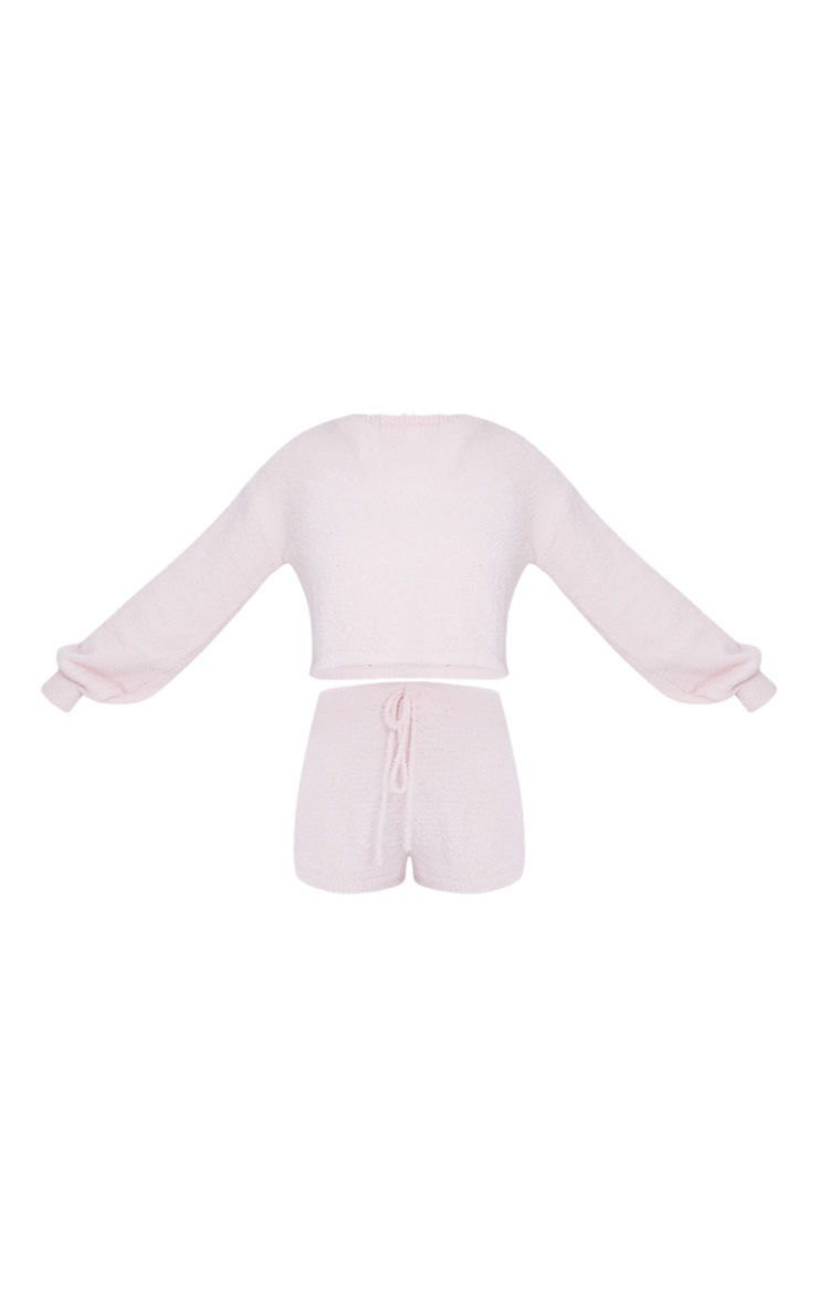 Pale Pink Popcorn Chenille Balloon Sleeve Sweater And Shorts Lounge Set image 5